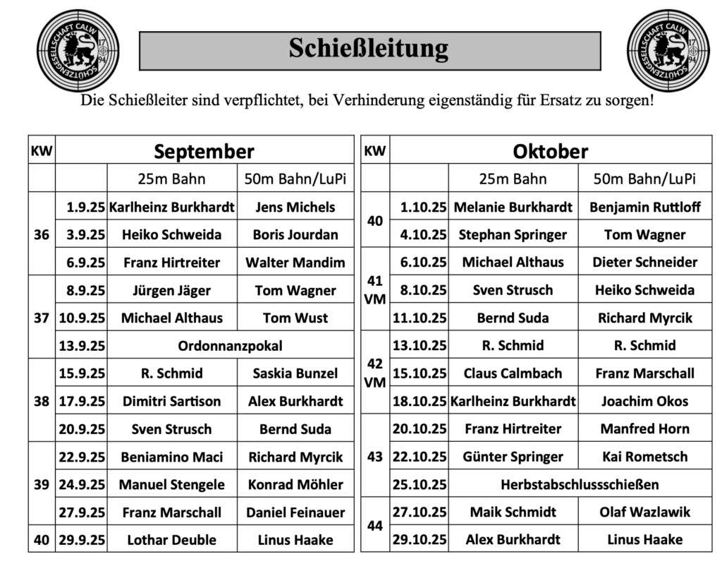 Schießleitung September/Oktober 2025